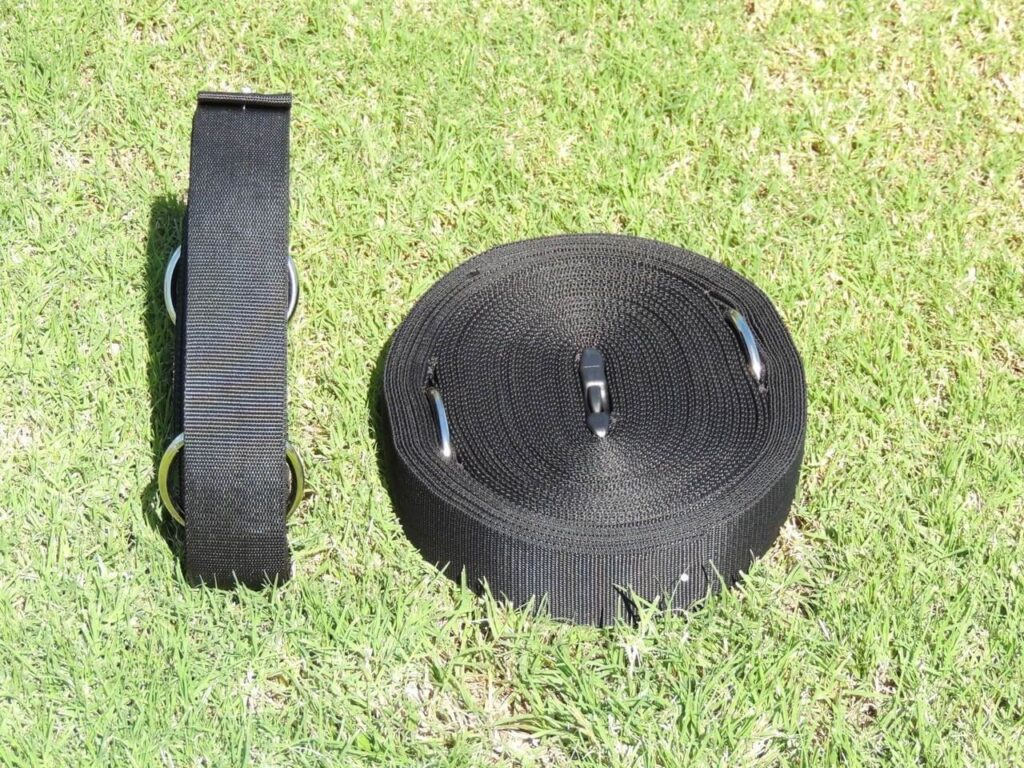 A black strap sitting on top of grass.