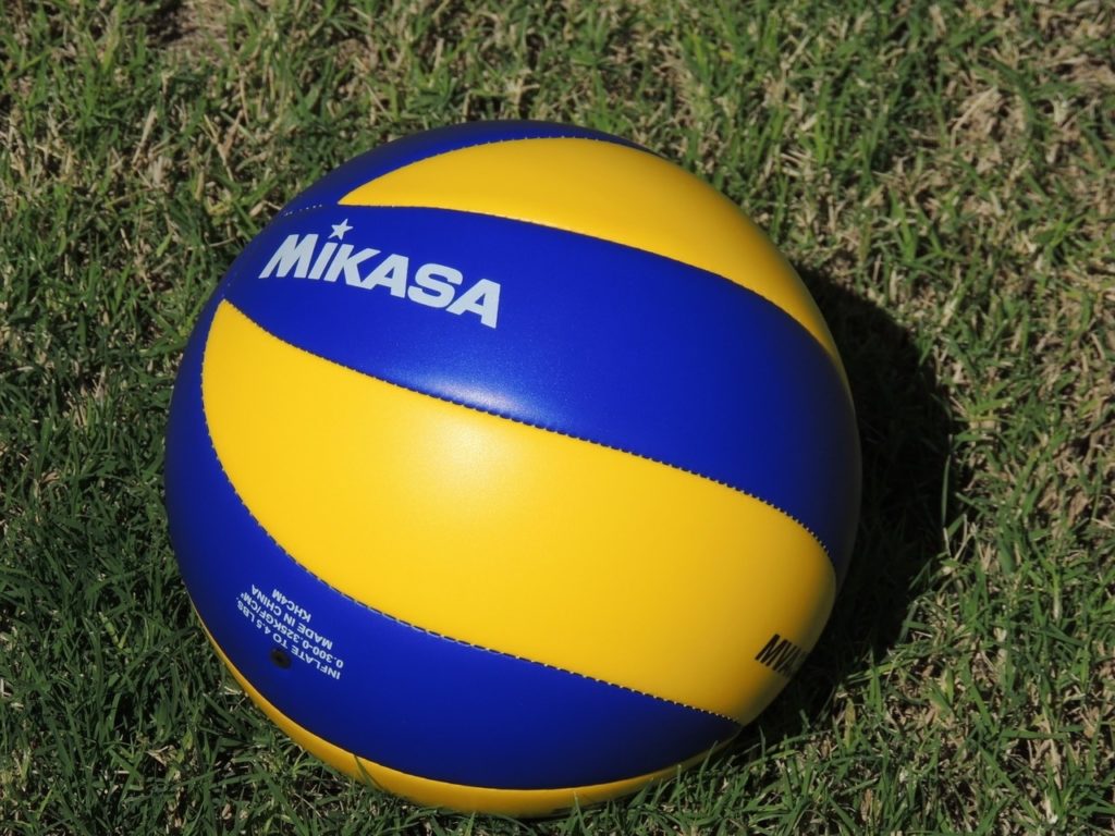 A blue and yellow volleyball sitting on top of grass.