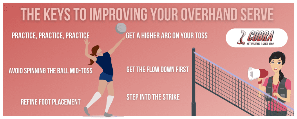 Infographic explaining tips for improving an overhand volleyball serve