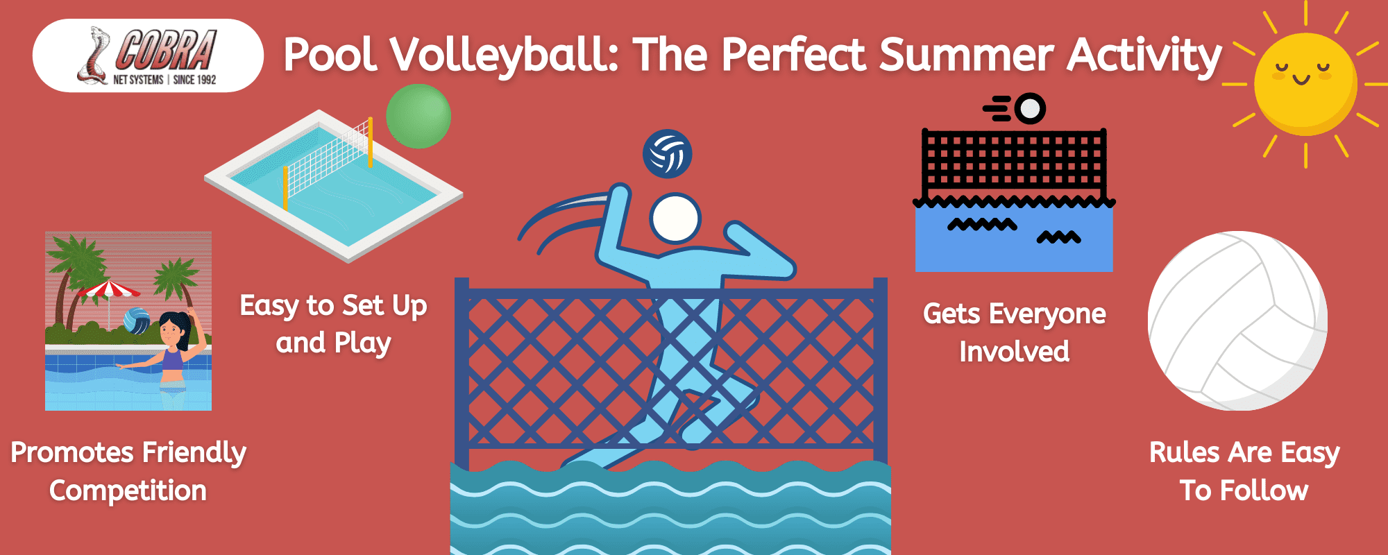 Infographic detailing why pool volleyball is the perfect summer activity