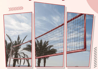 A red and white net with palm trees in the background.